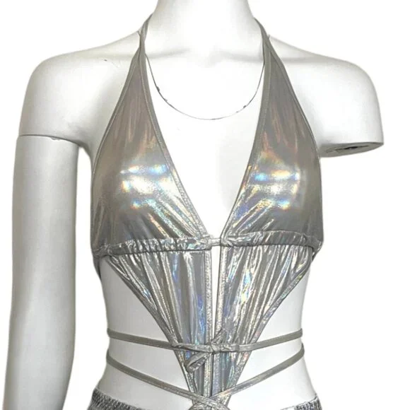 NWT Shein Hologram Tie Up swim bodysuit Rave Festival Burning Man - Picture 5 of 10
